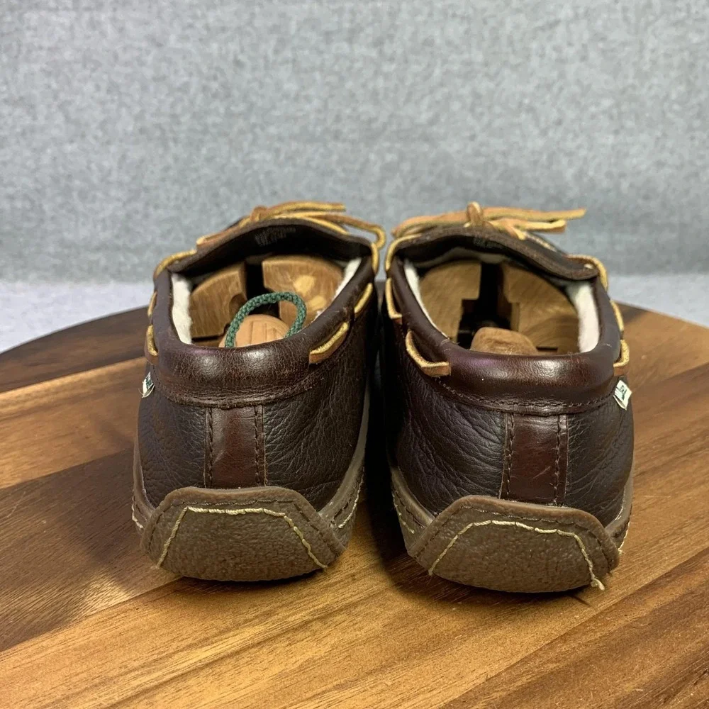 L.L. Bean Shoes Mens 11 Brown Leather Moccasin Fleece Lined Slippers Boat Preppy